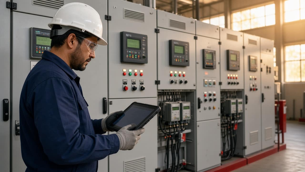 Ingeniero supervisando medidores eléctricos industriales