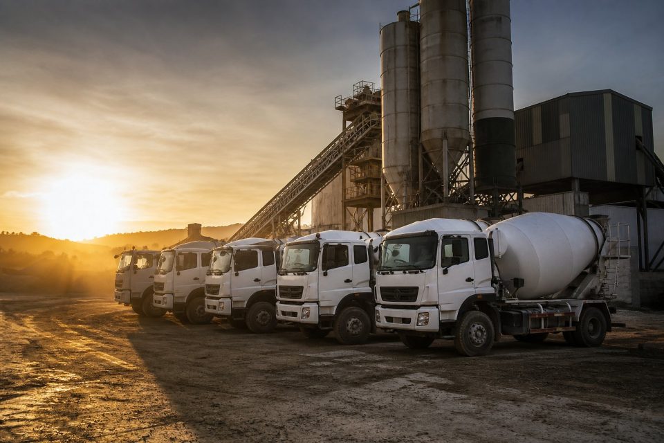 Camiones mixer en planta de hormigón al amanecer