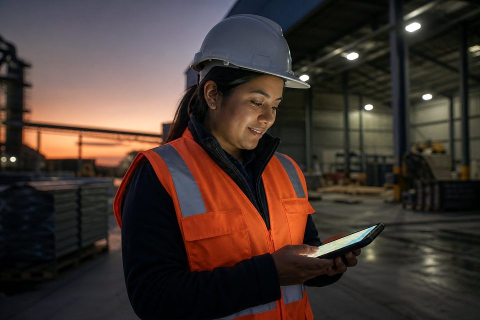 Colaboradora de campo consultando su ubicación en el móvil