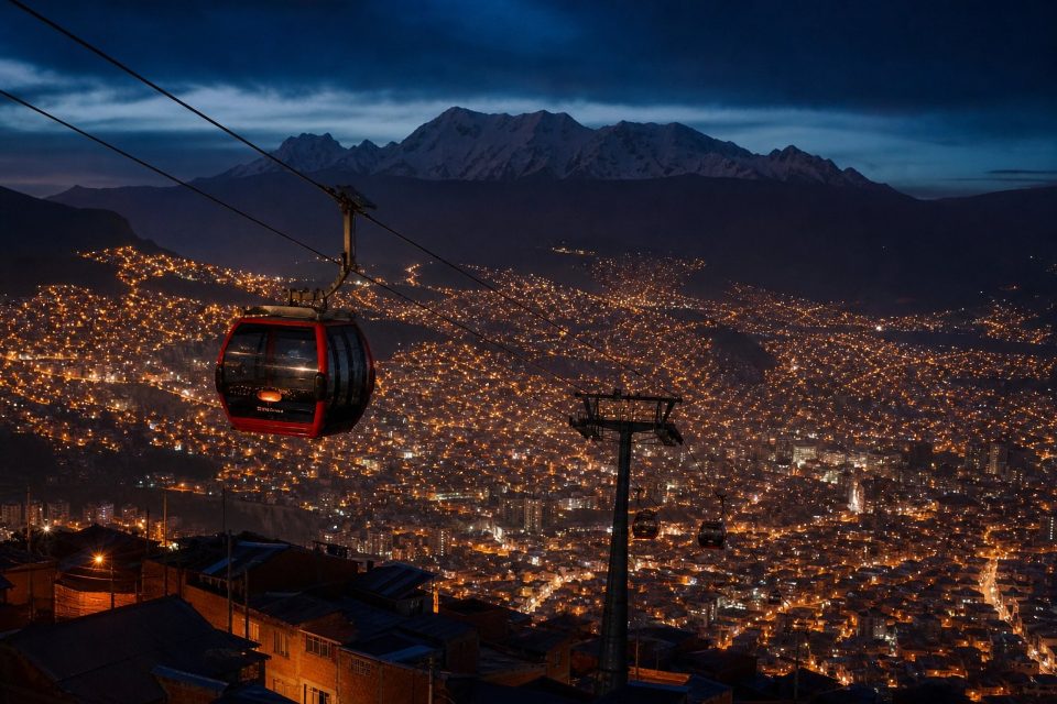 Teleférico sobre La Paz de noche, ciudad inteligente