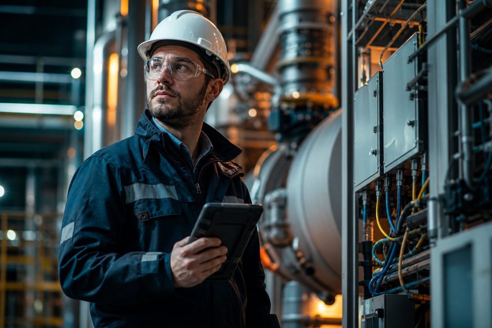 Ingeniero supervisando sensores industriales con tablet